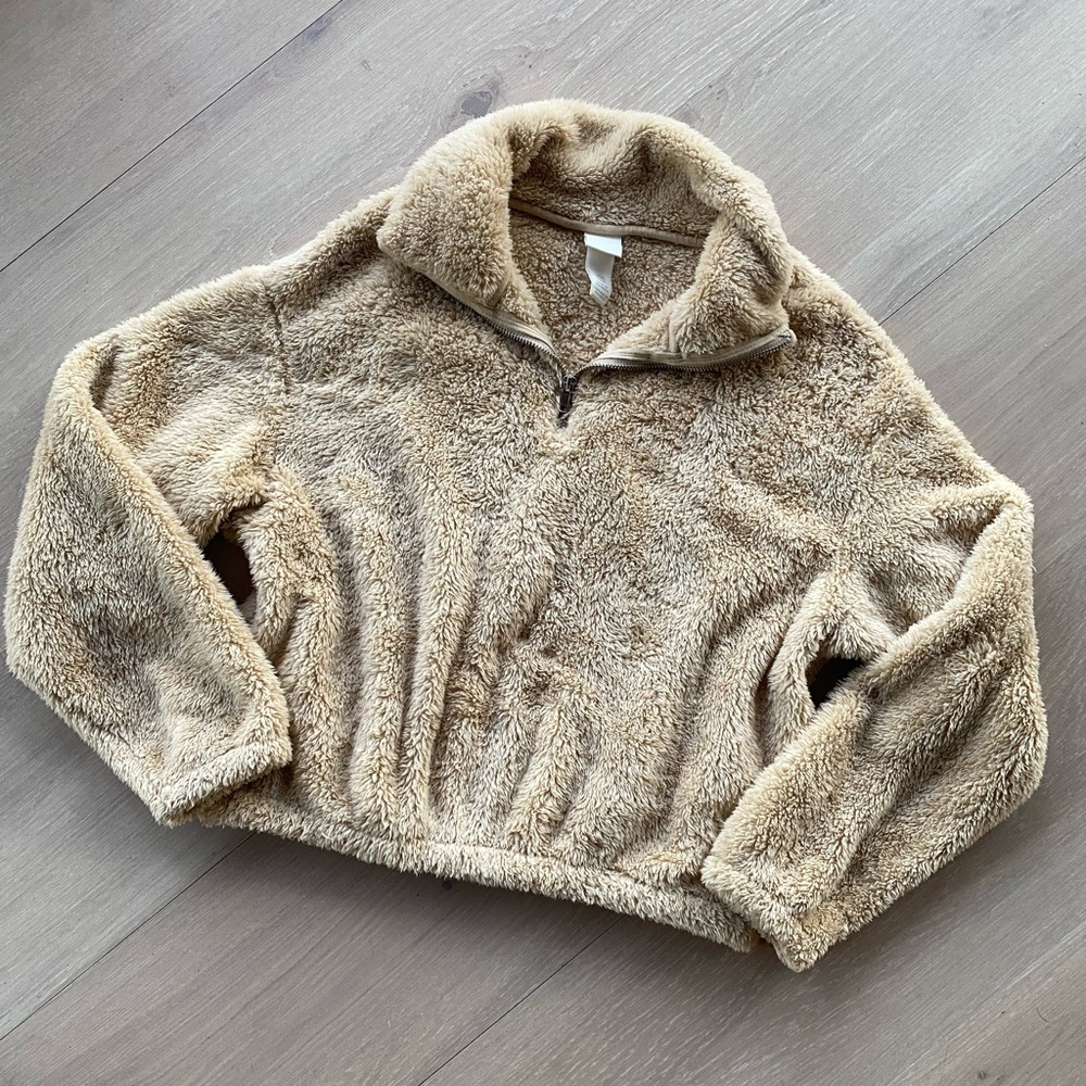 H&M Quarter Zip Teddy Sherpa Fleece Pullover Sweater Light Beige XS